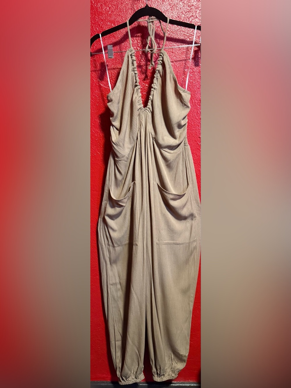 182. NWOT Final Touch Beige Halter Jumpsuit with Draped Pockets